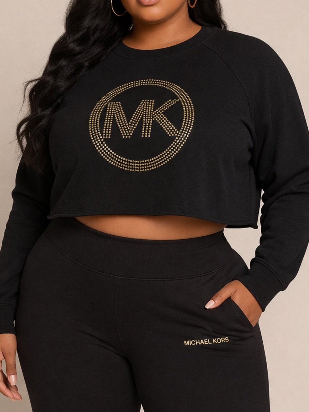 Michael Kors Black Cropped Sweatshirt with Gold MK Logo - Picture 3 of 4